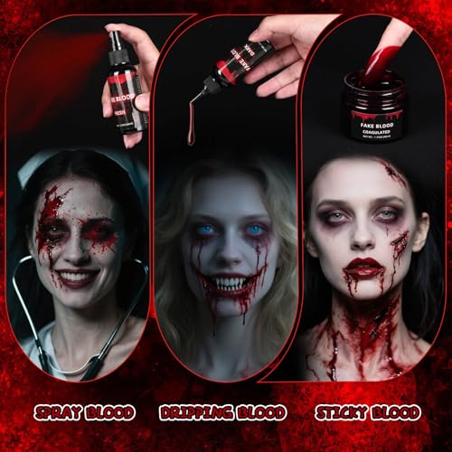 3-Piece Halloween Fake Blood Makeup Kit - Dripping, Spray & Gel