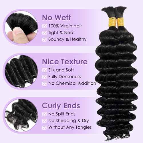 Human Braiding Hair for Boho Braids 100% virgin Human Hair 110g 16-24 Inch Curly Knotless 12A Deep Wave Bulk Bohemian Braiding Hair for 2 Bundles/Pack Extensions (Natural Black-Deep Wave, 22 Inch)