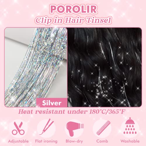 POROLIR Silver Clip-In Hair Tinsel Extensions 20 Inch Sparkly Fairy Hair Accessories for Women & Kids - Heat Resistant, Reusable