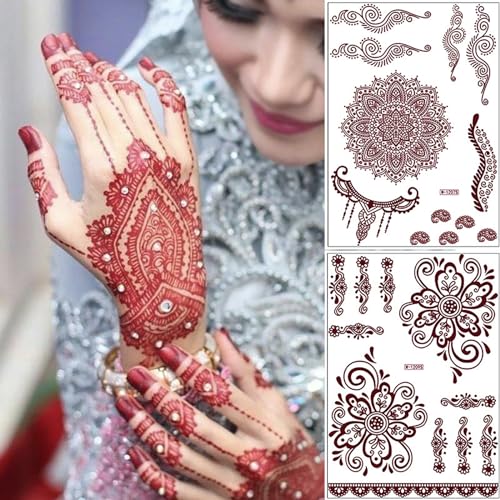 8 Sheets Temporary Tattoo Stickers Red Brown Fake Tattoo Lace Floral Temporary Waterproof Body Art Long Lasting Stickers Beach Festivals Wedding Party Decorations