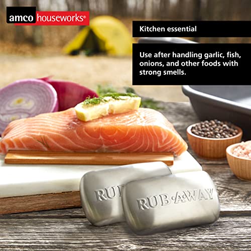 Amco Rub Away Bar, Stainless Steel Odor Absorber (4" x 2.25") - Dishwasher Safe Kitchen & Outdoor Essential for Garlic, Onion, Fishing, Hiking Odors - Natural Odor Remover (Pack of 2)