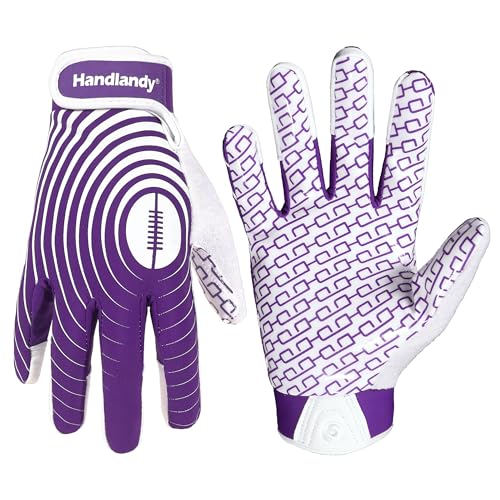 HANDLANDY Football Gloves Youth, Sticky Kids Receiver Gloves for Boys Girls, Stretch Fit Flag Football Gloves (White and Purple, X-Small)