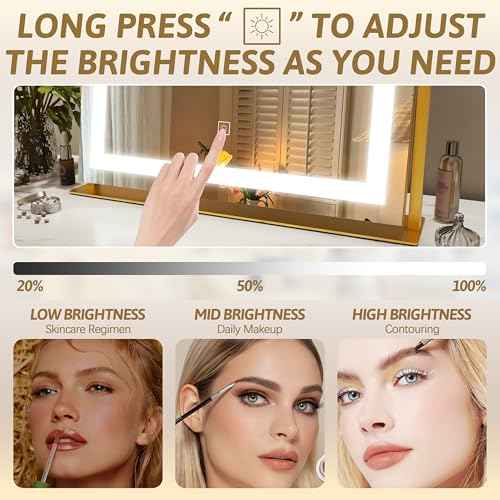 ROLOVE Vanity Mirror with Lights 22"x18", Lighted Makeup Mirror with 10X Magnification, Smart Touch 3 Colors Dimmable, 360¡Æ Rotation, Women Gift, Dresser Mount, Bathroom (Gold)