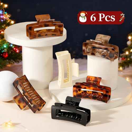 Auseibeely 6 Pcs Rectangle Tortoise Shell Claw Clip - 3.35 Inch Medium Hair Clips for Women and Girls, Non-slip Square Claw Clips for Thick/Thin Hair, Banana Jaw Clips Accessories for Christmas Gift