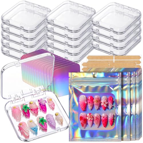 Teenitor Press On Nail Storage Box Set - 15 Acrylic Cases & Holographic Bags