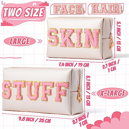 Y1tvei 4Pcs Preppy Patch Varsity Letter Makeup Bag Sewn with Pink Skin Hair Face Stuff Chenille Letter Cosmetic Toiletry Bag PU Leather Waterproof Portable Zipper Purse Travel Organizer for Women Girl