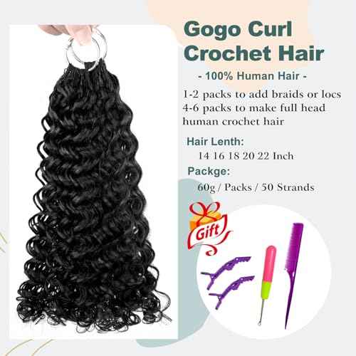 Knotless Crochet Human Hair Extensions 16 Inch Gogo Curl Human Crochet Hair for Boho Braids and Locs Feather Human Hair Crochet Bundles Pre Looped Natural Black Color 60g 50 Strands