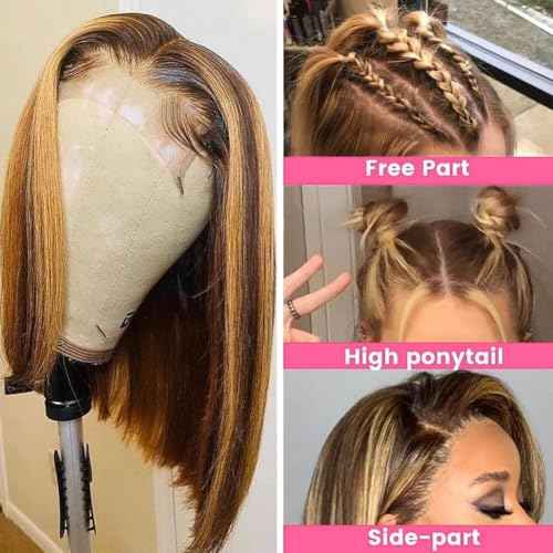 Highlight Bob Wig Human Hair P4/27 Color 13x4 HD Lace Front Wigs Human Hair Pre Plucked Hairline for Women Blonde Highlight Bob Wigs 180% Density 12 Inch