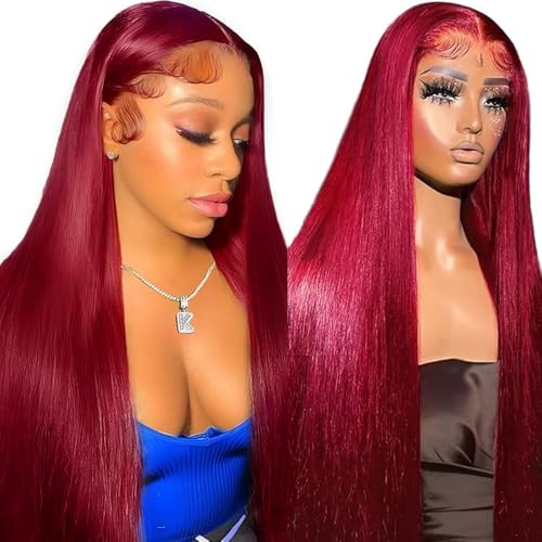 DJFG Burgundy 200% Density Human Hair Lace Front Wig - 20 Inch