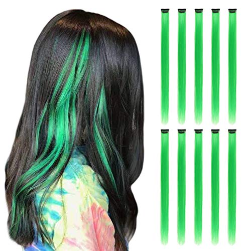 RINBOOOL Green Hair Extensions Clip in, 22 Inch 10 Pcs Long Straight Colored, for Kids Girls Women Highlight Party, Synthetic