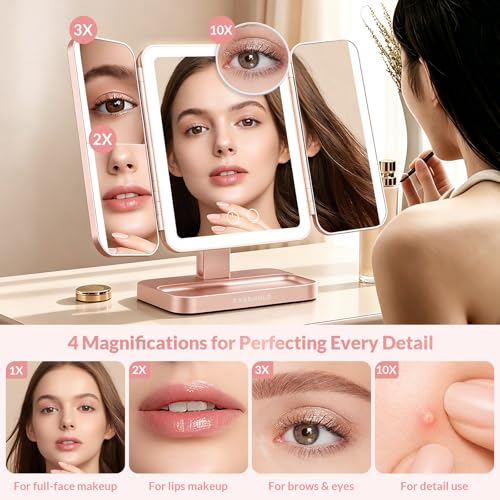 EASEHOLD Rose Gold Rechargeable Lighted Makeup Vanity Mirror with 116 LEDs & Magnification