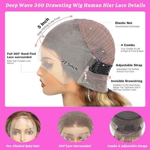 Honey Blonde 360 Lace Front Wigs Human Hair Invisi Strap Ombre Highlight Deep Wave Lace Front Wigs Human Hair Pre Plucked 180 Density 360 HD Full Lace Frontal Glueless Wigs for Women 28 Inch