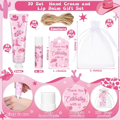 30 Sets Pink Cowgirl Hand Creams and Lip Balms Gift Bulk Western Cowgirl Baby Shower Party Favors for Guests Disco Boots Travel Size Hand Lotion and Lip Balm Gifts for Birthday Bridal Shower
