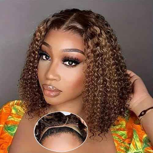Glueless Wigs Human Hair Pre Plucked Pre Cut 4/27 Highlight Ombre Honey Blonde Curly Bob Wig Human Hair for Beginners 4x4 Deep Wave Lace Closure Glueless Wigs for Black Women 12 Inch