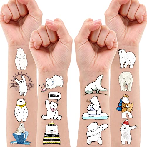 96PCS Polar Bear Temporary Tattoos ? Winter Arctic Theme Birthday Party Decorations, Cute Animal Stickers for Kids Boys Girls, Party Favors, School Prizes & Gifts