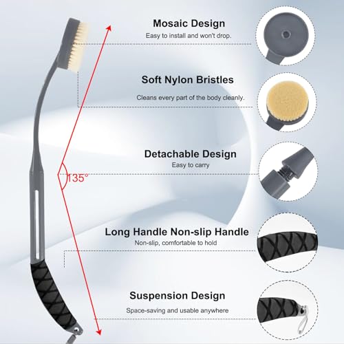 Gobiteli Grey Back Scrubber with 20.5-Inch Handle - Shower Brush for Deep Body Clean