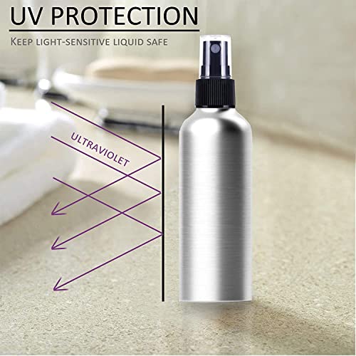 Empty Spray Bottles Travel Size 100ml/3.4oz 5 Pack Small Spray Bottle Aluminum Metal Fine Mist Refillable Atomizer Set with Lids for Liquids Skincare Cosmetic Perfume Storage, with 4pcs Small Funnels