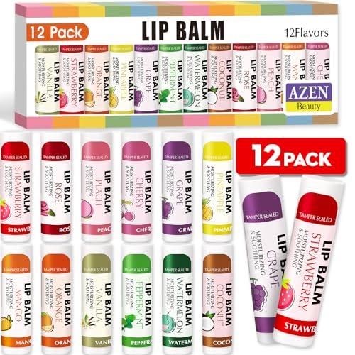 AZEN 12 Pack Lip Balm, Natural Lip Balm Bulk, Lip Care Product, Moisturizing Lip Balm for dry cracked lips - 12 Flavors