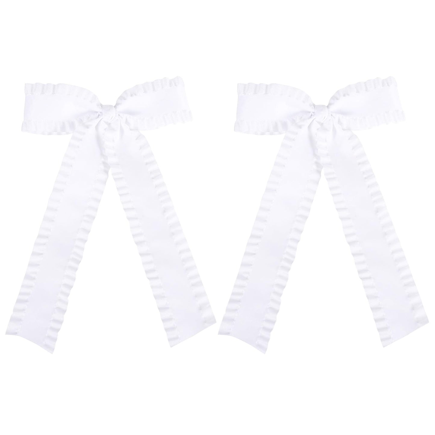 2Pcs Ruffle Ribbon Hair Bows for Women Girls,Big White Silky Satin Tassel Bowknot Hair Clips Barrettes with Long Tail Toddler Teens Kids Ponytail Holder Decor Accessories 5.5in