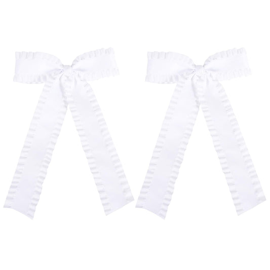 2Pcs Ruffle Ribbon Hair Bows for Women Girls,Big White Silky Satin Tassel Bowknot Hair Clips Barrettes with Long Tail Toddler Teens Kids Ponytail Holder Decor Accessories 5.5in