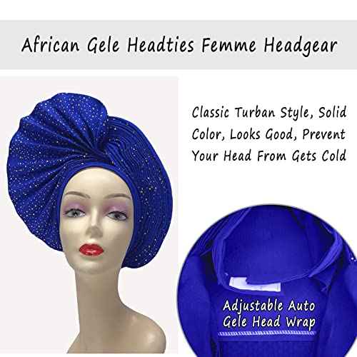 African Head Wrap Already Made Auto Gele Headties Women's Turban Hats&Caps Beading Wedding Nigerian Fashion Headbands (Royal Blue)