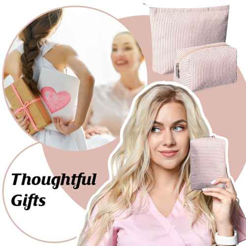 2 Pieces Makeup Bag Set Cute Cosmetic Pouch for Women Seersucker Travel Toiletry Bag Preppy Small Makeup Purse Pouch Aesthetic Skincare Brushes Storage Organizer for Christmas Women(Khaki)