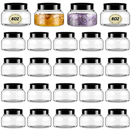 Tessco for you 24 Pack Plastic Jars with Lids Labels Multiuse Containers Empty Body Scrub Jars Round Refillable Cosmetic Body Butter Containers for DIY Slime Make Up Storage(8 oz,Clear, Black)