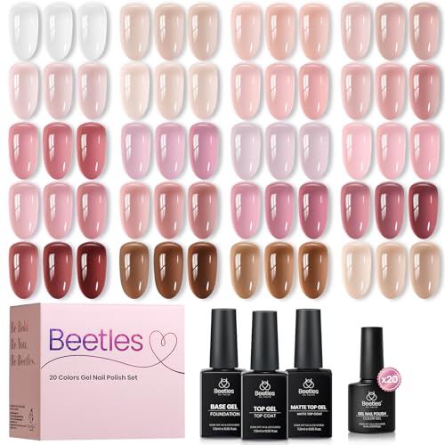 Beetles Soft Tint Nude Gel Nail Polish Set - 20 Colors Jelly Gel Kit, 7.5ml + 2 Top Coats
