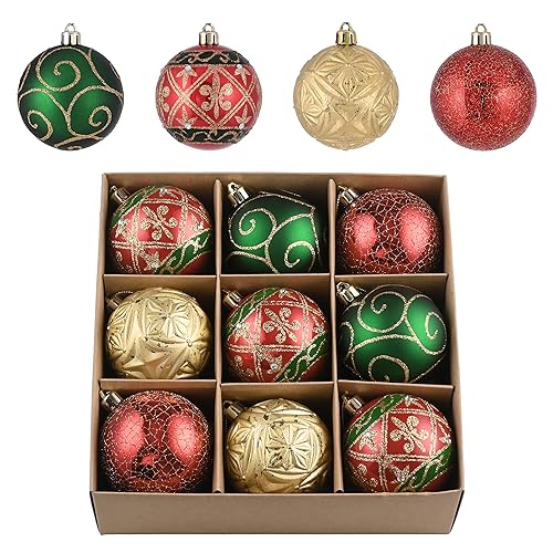 Valery Madelyn Christmas Tree Decorations Set, 9ct Red Green and Gold Shatterproof Christmas Ball Ornaments Bulk, 2.76 Inches Traditional Country Hanging Ornaments for Christmas Trees Xmas Decor