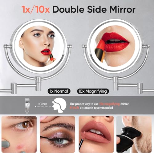 GURUN Wall Mounted Makeup Mirror with 10x Magnification & LED Lights