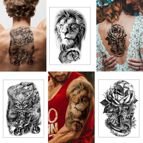 Yazhiji 36 Sheets Temporary Tattoos Stickers, 12 Sheets Fake Body Arm Chest Shoulder Tattoos for Men or Women with 24 PCS Tiny Black Tattoos