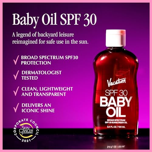 Vacation Baby Oil SPF 30 + Air Freshener Bundle, Broad Spectrum SPF 30 Sunscreen Oil, Vegan Suntan Oil with Broad Spectrum SPF, Sunscreen Tanning Oil, TSA Friendly, Travel Size, 3.4 fl. oz.