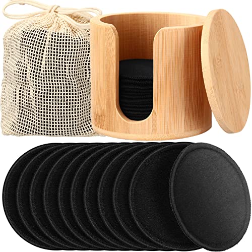 Foaincore 40 Pcs Reusable Makeup Remover Pads with Mesh Storage Bag and Bamboo Box Washable Bamboo Cotton Rounds Soft Reusable Face Pad for Toner Skin Various Skin Care Products(Black)