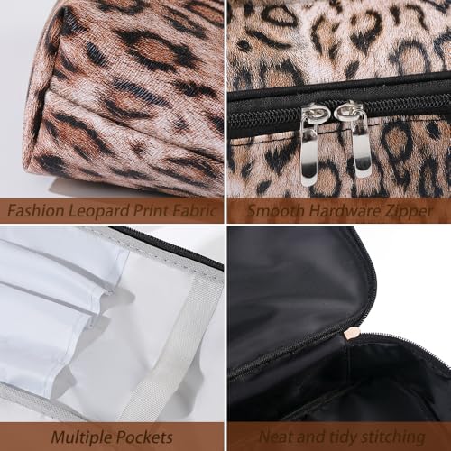 Kaxich 3PCS Leopard Print Makeup Bag Set, PU Leather Cosmetic Pouch Organizer Large Toiletry Bag with Zipper Closure for Women Girls (Dark Curry)
