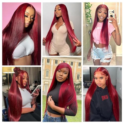 40" 99J Burgundy Lace Front Wig Human Hair 13x6 Straight