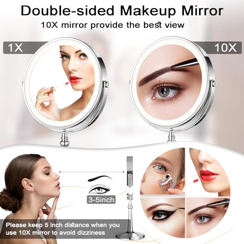 Lighted Makeup Mirror, 9" Rechargeable Vanity Mirror with Lights, Double-Sided 1X/10X Magnification, 3 Color Lights, Brightness Adjustable, 360¡Æ Rotation