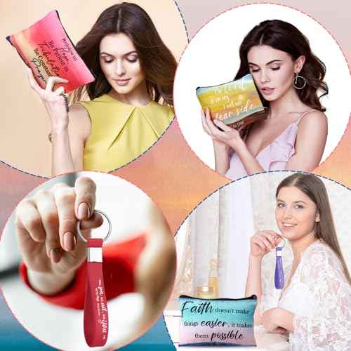 Hillban 32 Pcs Canvas Cosmetic Makeup Bag Women Christmas Inspirational Gifts Travel Toiletry Makeup Bag Pouch with Inspirational Keychains for Christmas Women Teacher Appreciation Gift(Landscape)