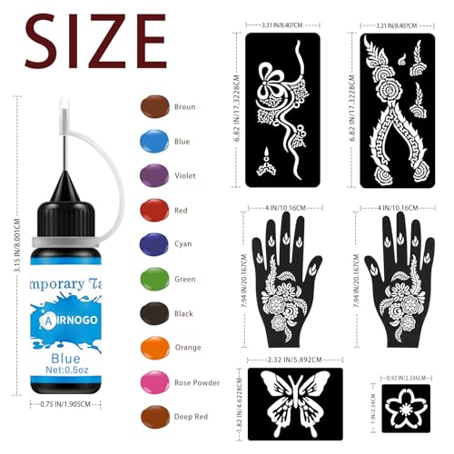 Temporary Tattoo Kit - 10 Colors Ink, 86 Stencils & Gloves