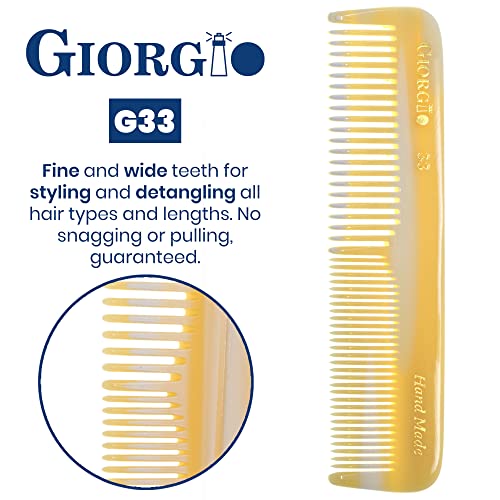 Giorgio G33 FineTooth and WideTooth Pocket Comb - Handmade Styling and Grooming Comb for Men's and Women's Hair, Beard, and Mustache, Saw Cut and Polished Travel Comb