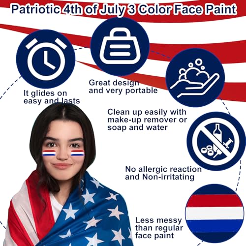 4Pcs Red White Blue Face Paint Stick Waterproof Patriotic