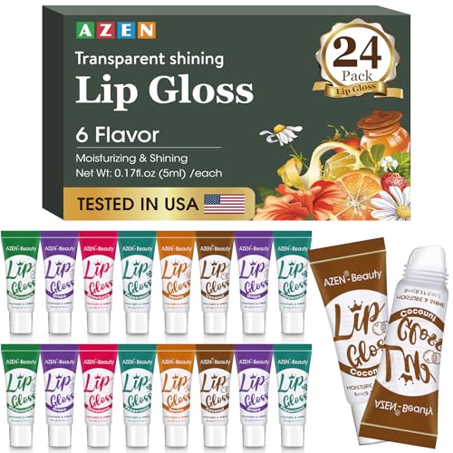 AZEN 24 Pack Lip Gloss Set with Vitamin E & Coconut Oil