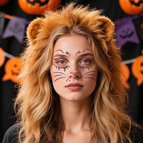 QDTK Lion Face Stickers Glitter Lion Face Gems Face Jewels Self-Adhesive Animals Temporary Tattoos Stickers for Face Eyes Halloween Cosplay Party Makeup Supplies 2Pcs