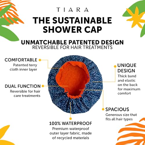 TIARA 2-in-1 Luxury Shower Cap for Women Reusable Waterproof ? Hair Cap for Long & Short Hair ? All Size Fit Flexi Shower Cap, Terry Lined Leakproof Cloth (Patented), Soft & Breathable