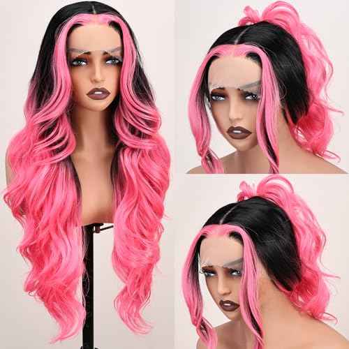 SISgrace Pink Highlight Wig Lace Front Wigs Synthetic Body Wave Wig Wear and Go 13x4x1 T-part Lace Middle Part Synthetic Wigs 28 Inch Pre-Plucked HD Glueless Lace Front Wig for Women
