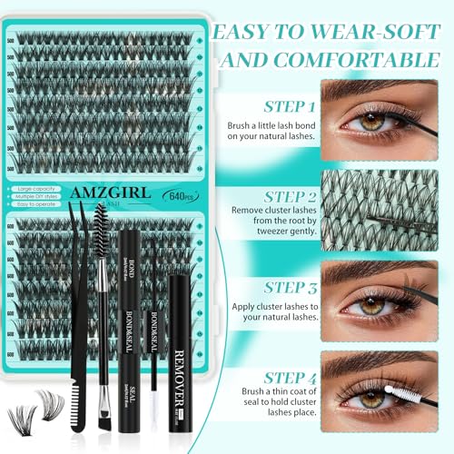 Lash Clusters Kit 640Pcs, 30D+40D+50D+60D Eyelash Extension Kit, Lash Bond and Seal Waterproof, Lash Remover, Lash Applicator Tool and Function Brush for DIY Lash Extension Kit(D-Mix9-16mm Kit)