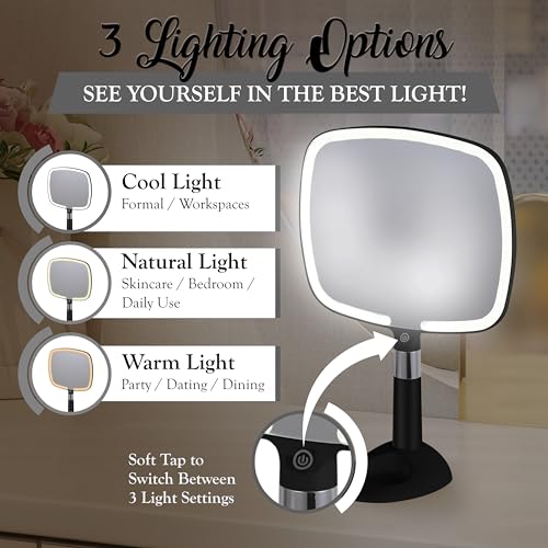 MIRRORVANA LED Travel Makeup Mirror - 9x13 Inch Handheld with Bright Lighting, Rechargeable, Adjustable Stand, Black
