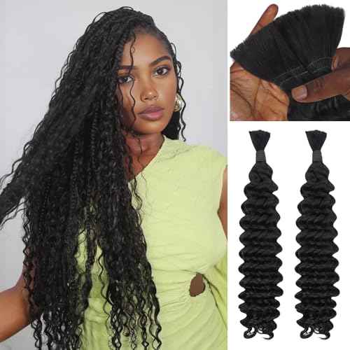 IDN BEAUTY Pre Divided Human Braiding for Boho Braids Hair Extensions, 16 Inch 100g Natrual Black Deep Wave Human Hair for Braiding Bohemian No Weft 12A Virgin Brazilian Wet and Wavy