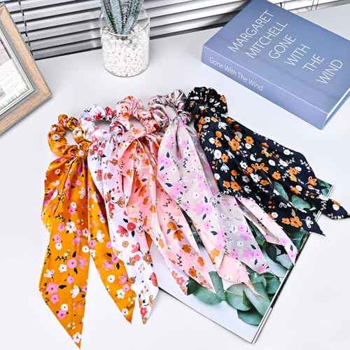 5-Piece Fabric Classic Bowknot Hair Ties, Elegant Hair Scarf Scrunchies Long Ribbon Ponytail Holders Head Bands, Elastic Vintage Bow Tie Hair Accessories for Ladies Women Girls (Flower Print)