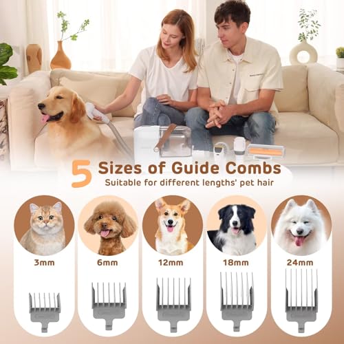 HEAPETS White Pet Hair Grooming Vacuum Kit with 7 Tools, 3L Capacity, Low Noise