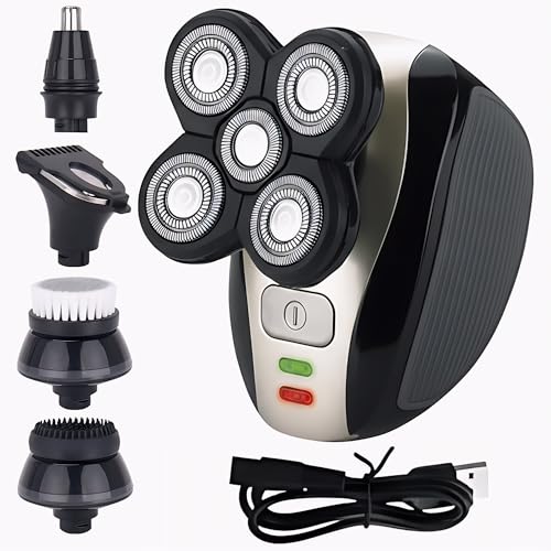 Electric Head & Body Hair Shaver - Men's Cordless Rechargeable Wet/Dry Skull Bald Head Back & Groin Waterproof Razor with Rotary Blades, Clippers, Nose Trimmer, Brush, Massager